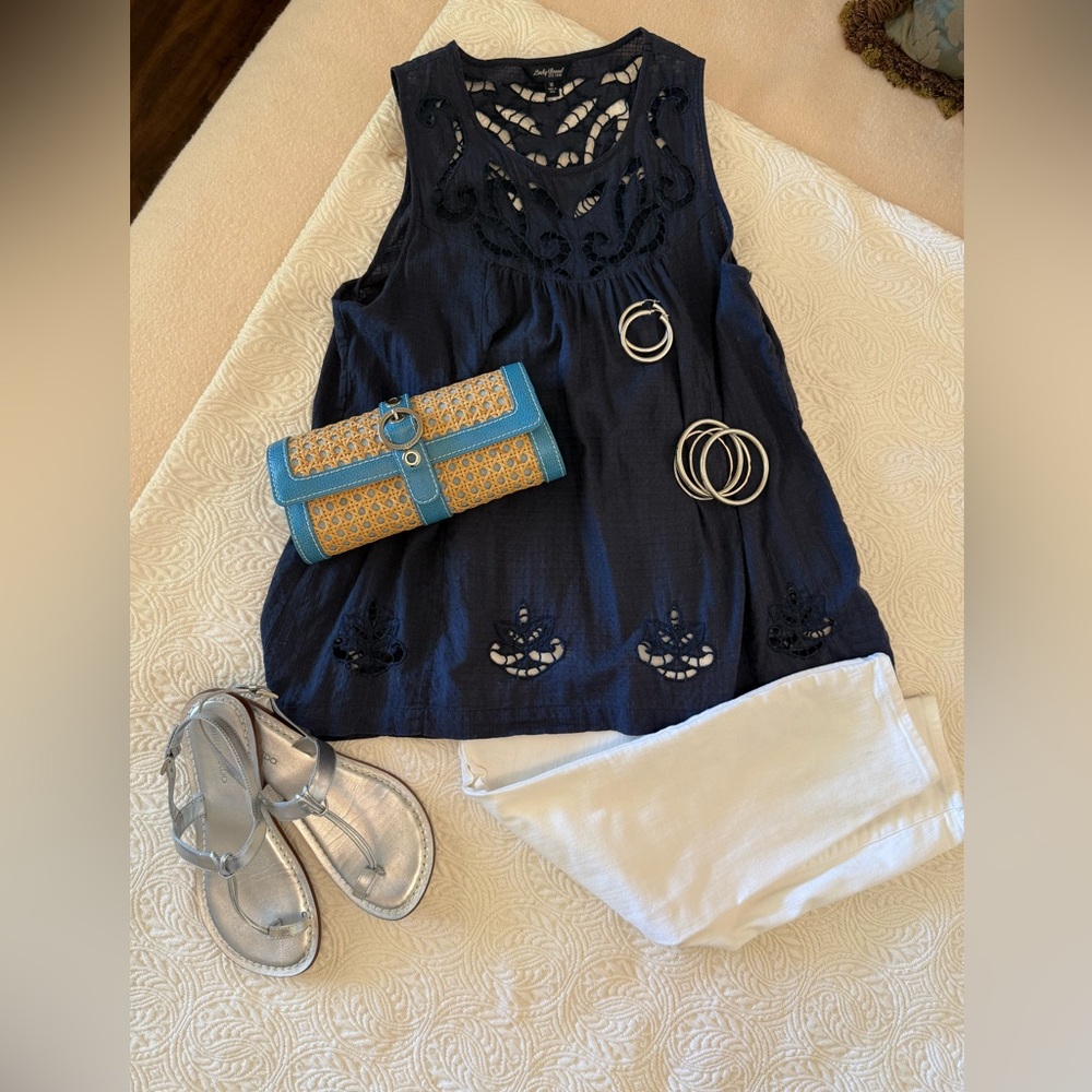 LUCKY BRAND Navy blue High-Low Babydoll Cotton Blouse Lace Cut Outs